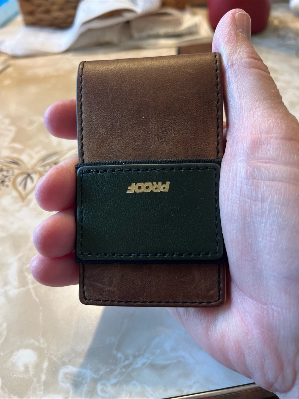 PROOF Brown Leather Money Clip with Green Accent